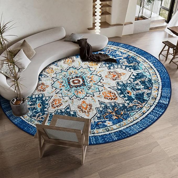 Easy-Going Round Area Rug 3ft Washable Boho Small Circle Rugs for Living Room Non-Slip Bedroom Rug Low Pile Lightweight Tangerine Vintage Throw Rug for Dining Room Kitchen Office, Floral Aqua Yellow