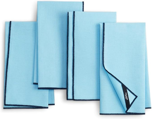 Kate Spade New York Garden Party Embroidered Edge Napkins 4-Pack Set, Cotton-Linen Machine Washable, Blue/Navy Blue, 20"x20"
