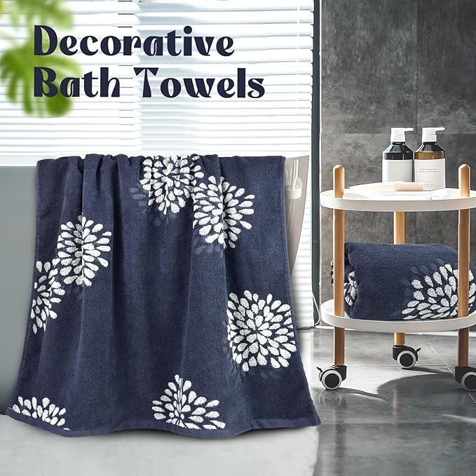 Cute Bath Towels Set of 2 (Denim Blue) - Large 55” x 28”, Decorative Hydrangea Floral Jacquard, Bathroom & Guest Room Decor, Cotton
