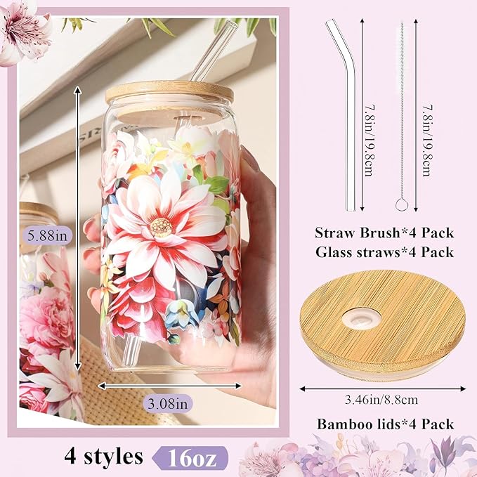 Mumufy 4 Pcs Gift for Women Bloom Floral Elegant Glass Cup Tumbler Blooming Garden 16 oz Iced Coffee Glass with Bamboo Lid & Straw, Mothers Day Birthday Gift for Mom Sister Bridesmaid Baby Shower