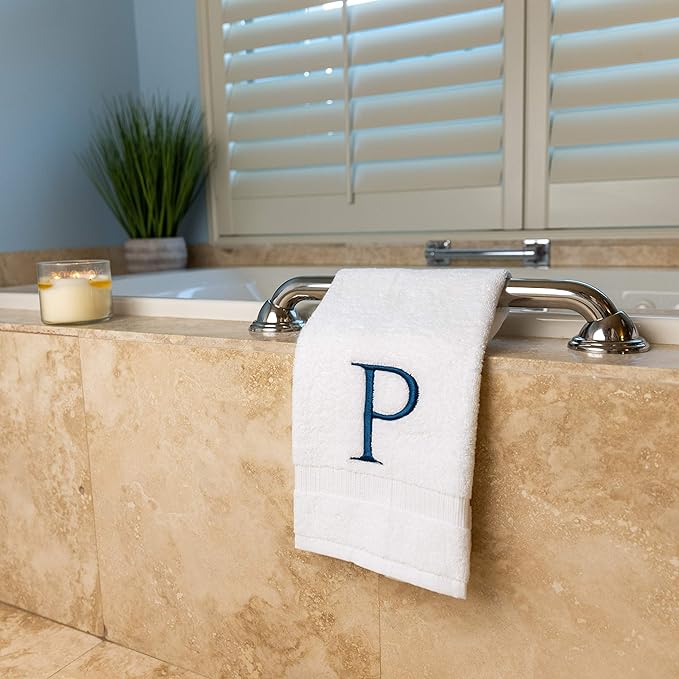 Monogrammed Hand Towels for Bathroom - Luxury Hotel Quality Personalized Initial Decorative Embroidered Bath Towel for Powder Room, Spa - GOTS Organic Certified - Set of 2 Navy Letter P