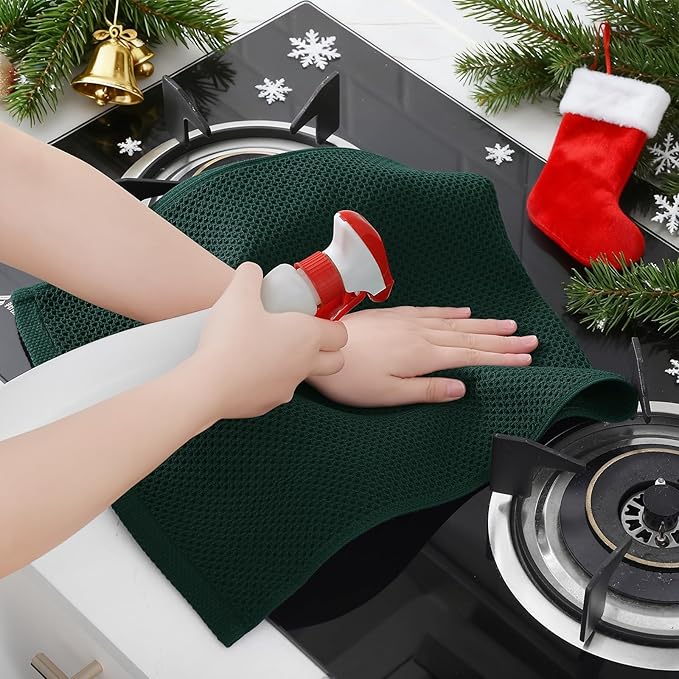 Homaxy 100% Cotton Waffle Weave Kitchen Dish Towels, Ultra Soft Absorbent Quick Drying Cleaning Towel, 13 x 28 Inches, 12-Pack, Blackish Green