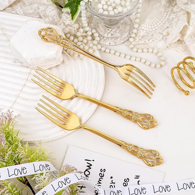75PCS Gold Plastic Forks - 8.1inch Gold Forks Disposable - Vintage Heavy Duty Dessert Forks - Premium Fancy Plastic Silverware for Parties, Weddings, Dinners and Events