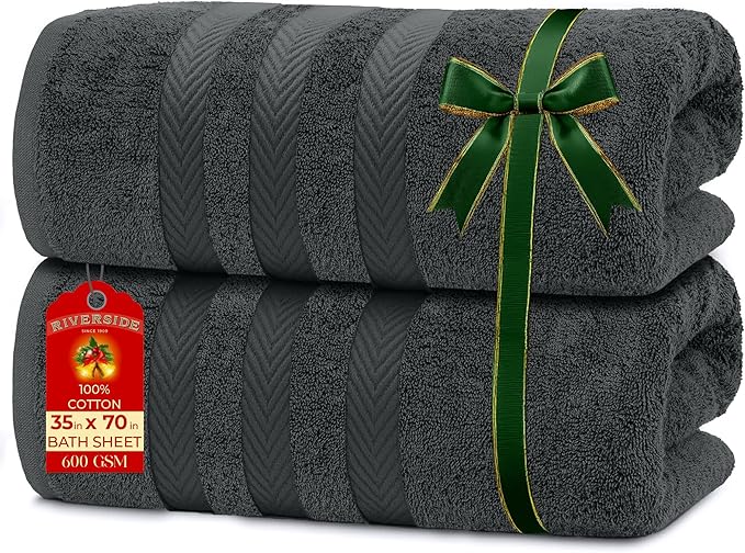 RIVERSIDE Pack of 2 Extra Large Bath Sheets 35 x 70 Inches - 100% Ring Spun Cotton Hotel Quality Oversized Bath Towels - Super Soft, Highly Absorbent & Quicker to Dry - Grey