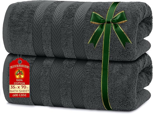 RIVERSIDE Pack of 2 Extra Large Bath Sheets 35 x 70 Inches - 100% Ring Spun Cotton Hotel Quality Oversized Bath Towels - Super Soft, Highly Absorbent & Quicker to Dry - Grey