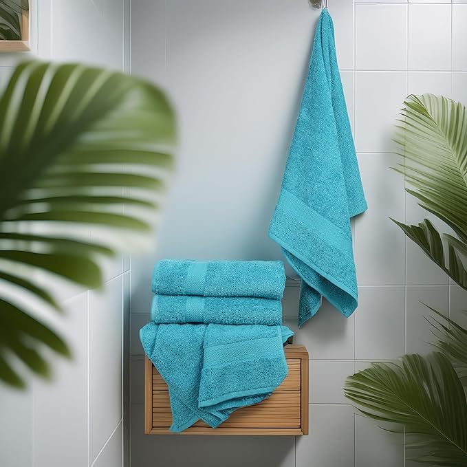 Large Bath Towels Set of 6 – 100% Cotton Terry – 24" x 50" – Quick Dry, Soft & Highly Absorbent – Teal Blue Towels for Bathroom, Gym, Spa, Pool & Daily Use