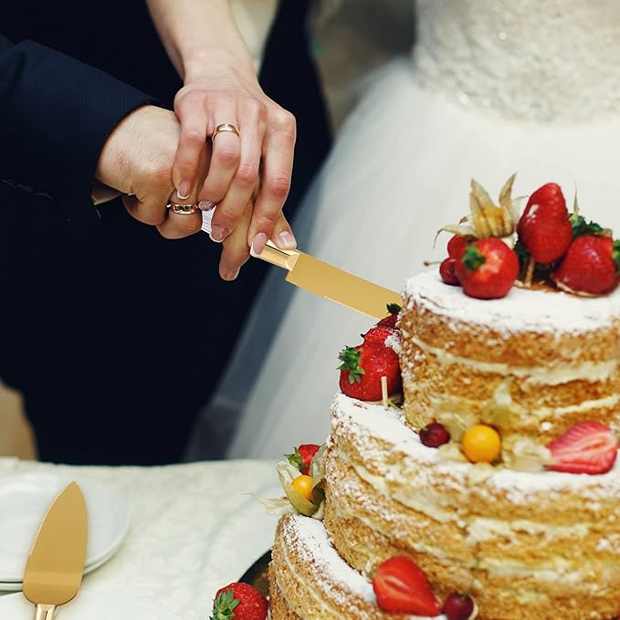 wedding knife and server set gold, Gold Cake Cutter and Pie Spatula, Cake Server and Knife Set of 2 with Crystal Handles, 1.2mm Thick Blades,Cake Cutting Set for Wedding Cake, Birthdays, and Parties