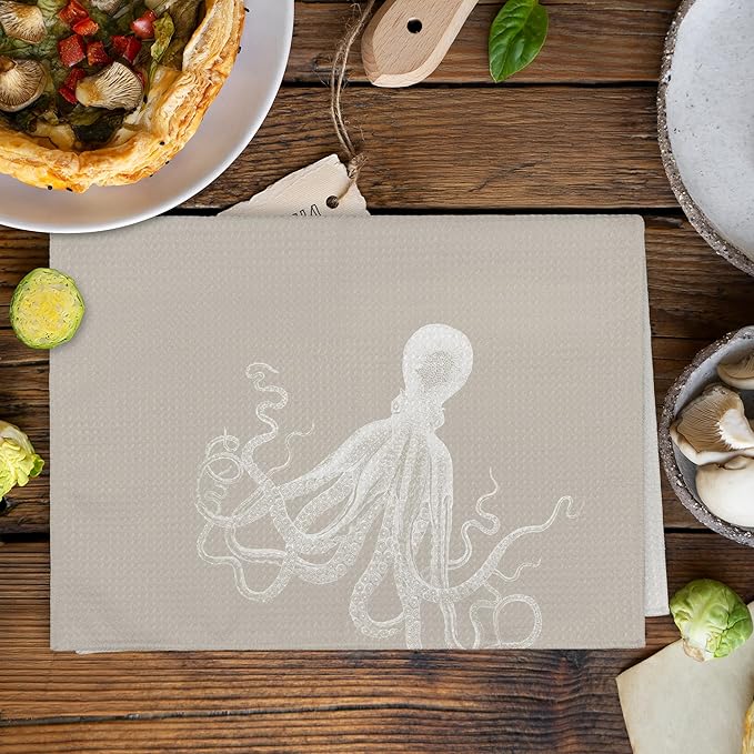 Coastal Beige Octopus Beach Decor Dish Hand Tea Towels for Bathroom Kitchen, Girly Octopus Ocean Nautical Beachy Bathroom Decor, Coastal Kitchen Towels and Dishcloths Sets of 2, 16x24 Inch