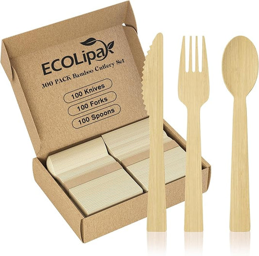 ECOLipak 300 Count Bamboo Cutlery Set, 100 Knives, Forks and Spoons each, No Splinters Disposable Cutlery Set Compostable Utensils for Party, Camping, Traveling, Family Dinners