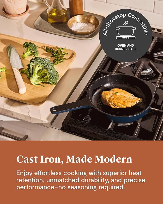 Caraway Cast Iron Skillet - 8” Enameled Cast Iron Pan With 3 Layer Enamel Coating - No Seasoning Required - Compatible With All Stovetops - Free From Forever Chemicals - Gray