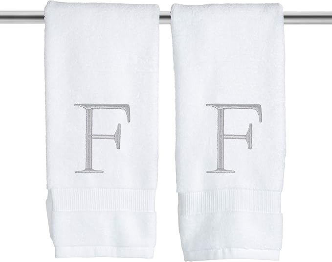 Monogrammed Hand Towels for Bathroom - Luxury Hotel Quality Personalized Initial Decorative Embroidered Bath Towel for Powder Room, Spa - GOTS Organic Certified - Set of 2 Letter F
