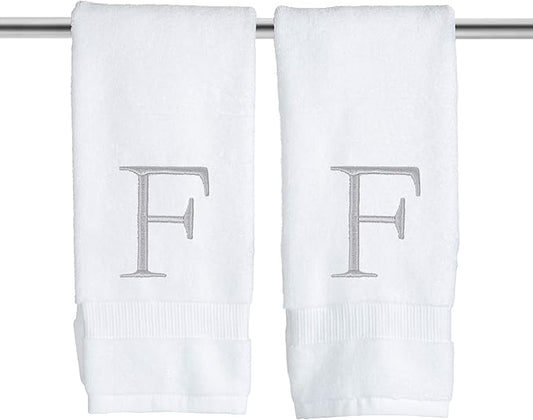 Monogrammed Hand Towels for Bathroom - Luxury Hotel Quality Personalized Initial Decorative Embroidered Bath Towel for Powder Room, Spa - GOTS Organic Certified - Set of 2 Letter F