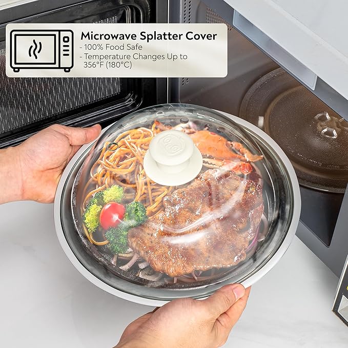 OEC Lighter Weight Tempered Glass Microwave Splatter Cover - 11.5 inch - Heat-Resistant & Impact-Resistant, Reinforced Glass Lid with Vent, Silicone Knob, Dishwasher Safe, 100% Food Grade - BPA Free