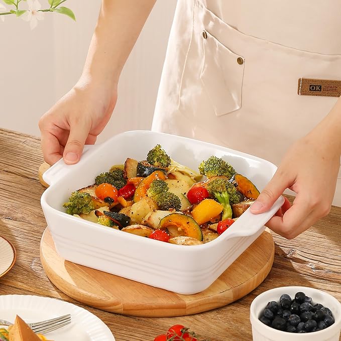 DOWAN 8x8 Baking dish, Square Baking Pan, Ceramic Casserole Dishes for Oven, Cake Pan with Handle, for Brownie, Lasagna, Casserole, 2 Quart, Home Gift, Bright White
