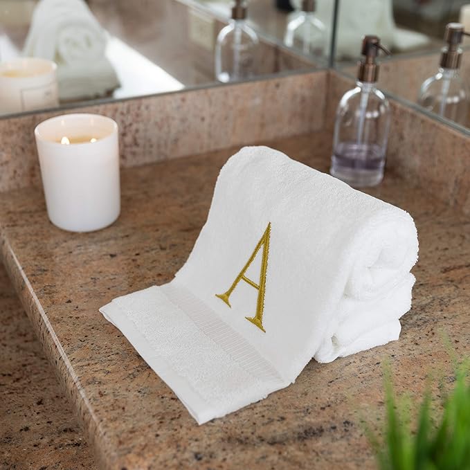 Monogrammed Hand Towels for Bathroom - Luxury Hotel Quality Personalized Initial Decorative Embroidered Bath Towel for Powder Room, Spa - GOTS Organic Certified - Set of 2 Gold Letter A
