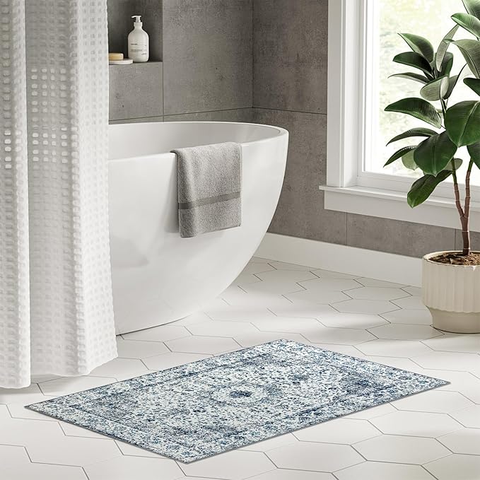 Easy-Going Boho Area Rug 2x3 Washable Entryway Rugs Front Door Mat Indoor Entrance Non-Slip Vintage Small Entry Rug for Living Room Kitchen Bathroom Office Lightweight Carpet, Floral Blue Cream