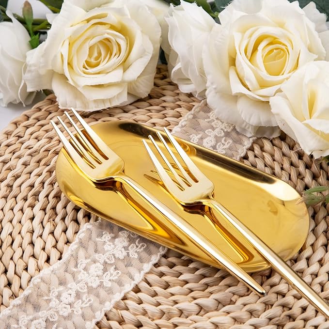 U-QE 60Pcs Gold Plastic Forks - Heavy Duty Plastic Forks Disposable - 7.6 Inch Gold Disposable Forks - Luxurious Plastic Silverware Perfect for Parties, Weddings and Other Daily Events