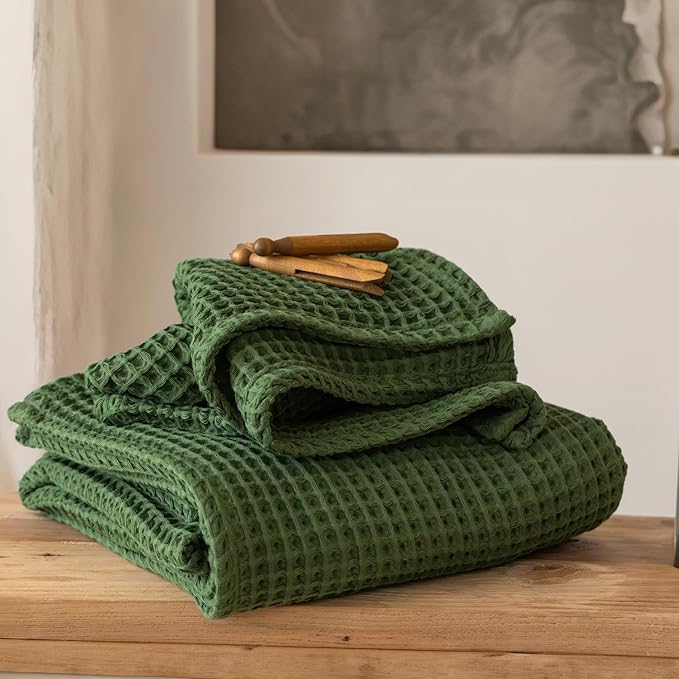 4-Piece Waffle Towels Set for Bathroom - Soft 100% Turkish Cotton Quick-Dry Lint-Free Waffle Weave Thin Bath and Hand Towels (Dark Green, 2 Bath & 2 Hand Towel Set)