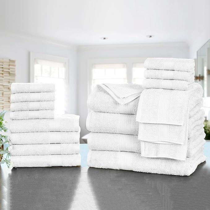 Ample Decor Bathroom Towel Set of 18-4 Hand Towel, 4 Bath Towel, 10 Wash Cloths 600 GSM 100% Cotton - High Absorbency Quick Drying, Ideal for Gifting - Christmas White