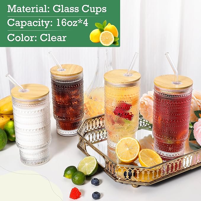16 Oz Glass Cups with Lids and Straws, Vintage Embossed Glassware for Whiskey Cocktail Beer, Iced Coffee Cup with Lid, Glass Tumbler (2 PACK)