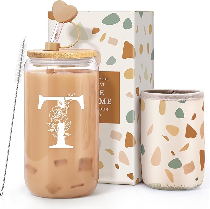 Personalized Gifts for Women, Monogrammed Gifts for Women, Initial 16 oz Glass Cups With Lids and Straws, Customized Mug, Personalized Birthday Gifts Christmas Gifts for Her Mom Friend Woman, T