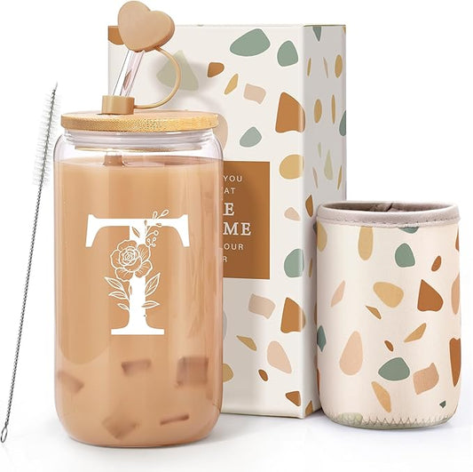 Personalized Gifts for Women, Monogrammed Gifts for Women, Initial 16 oz Glass Cups With Lids and Straws, Customized Mug, Personalized Birthday Gifts Christmas Gifts for Her Mom Friend Woman, T