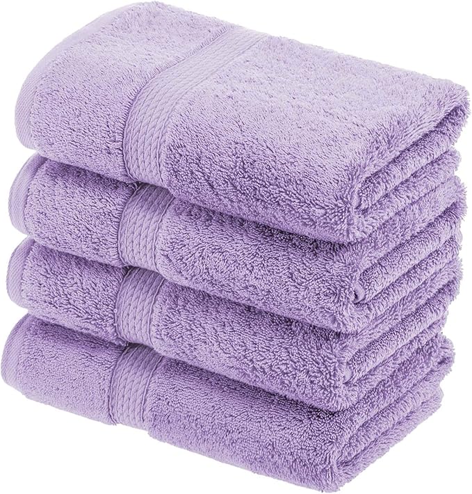Superior Egyptian Cotton Pile Hand Towel Set of 4, Ultra Soft Luxury Towels, Thick Plush Essentials, Absorbent Heavyweight, Guest Bath, Hotel, Spa, Home Bathroom, Shower Basics, Purple