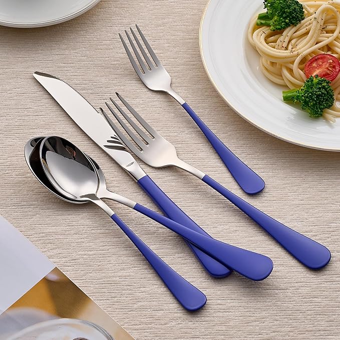 20-Piece Blue Silverware Set 18/0 Stainless Steel Silverware Set Blue Handle Cutlery Set Service for 4 Dinner Knives Forks Spoons Set Flatware Set Finish Dishwasher Safe