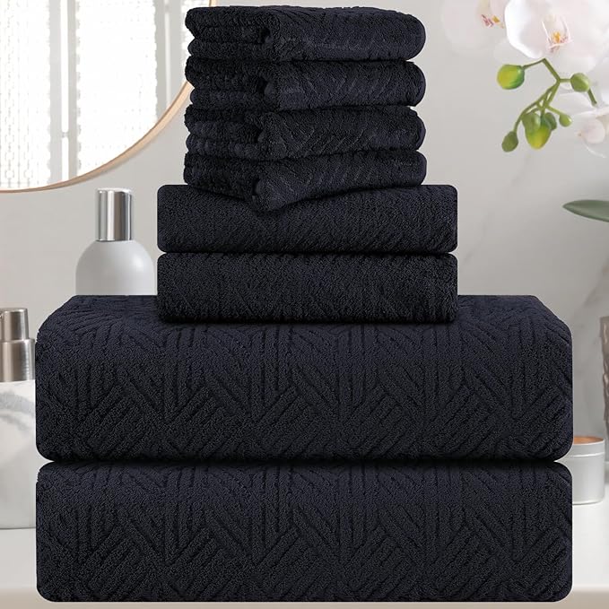 CHINO 8 Pieces Black Bath Towels Set, 2 Large Bath Towels 35x70/2 Hand Towels 16x31/4 Washcloths 13x13 Bath Sheets Oversized, Quick Dry Ultra Soft Towel Sets for Bathroom Hotel SPA Collection