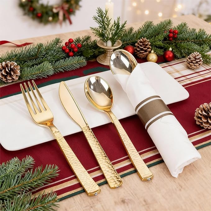 WELLIFE 50 Pack Gold Plastic Silverware with Pre Rolled Napkins,Hammer Pattern Design,Plastic Cutlery Includes: 50 Forks,50 Knives,50 Spoons,50 Napkins,Gold Silverware Disposable for Christmas