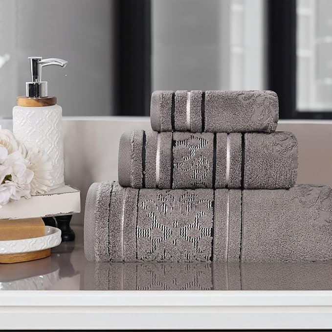 Superior Cotton 3 Piece Towel Set, Includes 1 Bath, 1 Hand, 1 Washcloth/Face Towel, Quick Dry, Home Essentials, Shower, Spa, Luxury Plush Soft Absorbent Towels, Zero Twist, Jacquard Floral, Charcoal