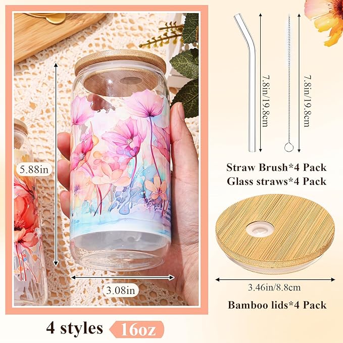 Mumufy 4 Pack 16 oz Watercolor Floral Glass Tumbler with Bamboo Lid & Straw, Colorful Garden Flower Iced Coffee Mug, Reusable Aesthetic Drinkware, Christmas/mother's Day/birthday Gift for Mom Sister