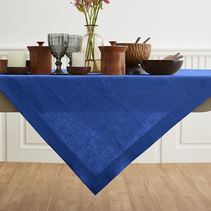 Solino Home Linen Square Tablecloth 52 x 52 Inch - 100% Pure Linen Royal Blue Table Throw - Fete, Machine Washable Table Cloth for New Year