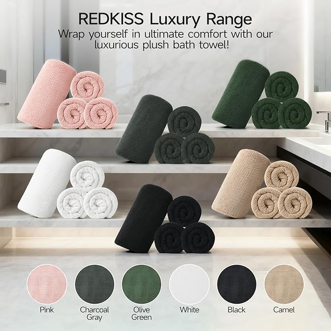 REDKISS Soft Bath Towels Set of 4-35 x 70 in Extra Large Coral Fleece Bath Towel, Highly Absorbent Plush Bathroom Towels for Adult, Quick Dry Towel Set for Spa, Gym, Travel, Pink, Camel, Olive, Gray