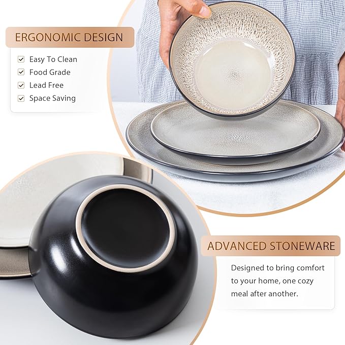 Plates and Bowls Sets for 6 - CJDC-QUELO 18-Piece Stoneware Dinnerware Sets, Ceramic Dishware Set for Indoor Kitchen Use and Formal Dining, Chip and Scratch Resistant Microwave Dishwasher Safe, Brown