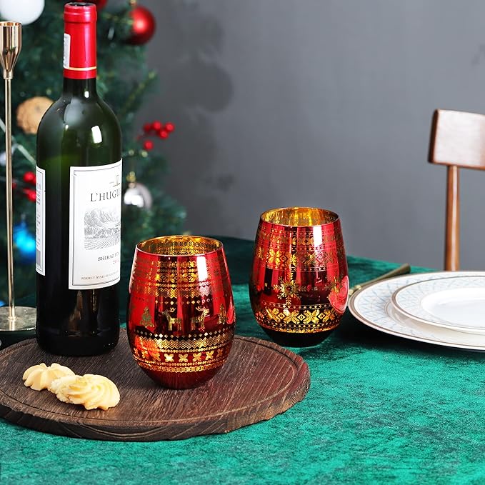 Joeyan Stemless Wine Glasses - Large Handmade Wine Glass Cups, Elk Snowflake Patterned Tumblers, 18 oz, Set of 2, Great for Gifts