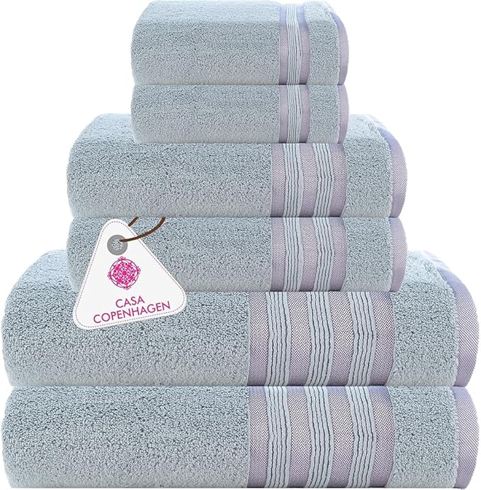 CASA COPENHAGEN Zero Twist, 6 Pieces Set 100% Cotton 0" Twist Towel Set- Grey Violet, 600 GSM, 2 Bath, 2 Hand, 2 Washcloths Made from Egyptian Cotton, Ultra Soft Luxury Towels for Bathroom