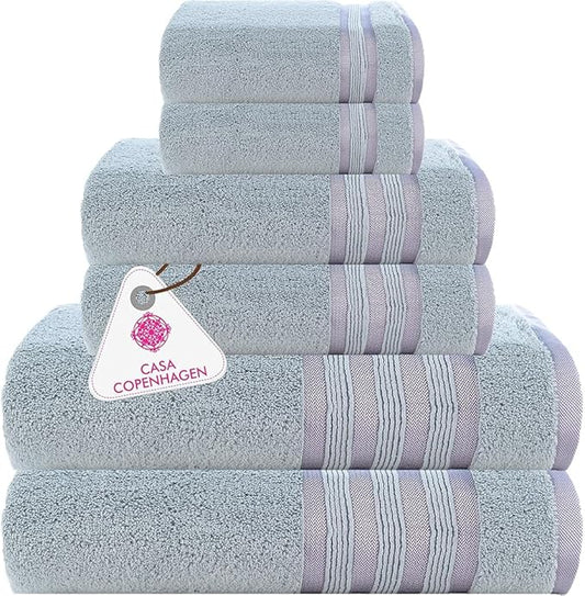 CASA COPENHAGEN Zero Twist, 6 Pieces Set 100% Cotton 0" Twist Towel Set- Grey Violet, 600 GSM, 2 Bath, 2 Hand, 2 Washcloths Made from Egyptian Cotton, Ultra Soft Luxury Towels for Bathroom