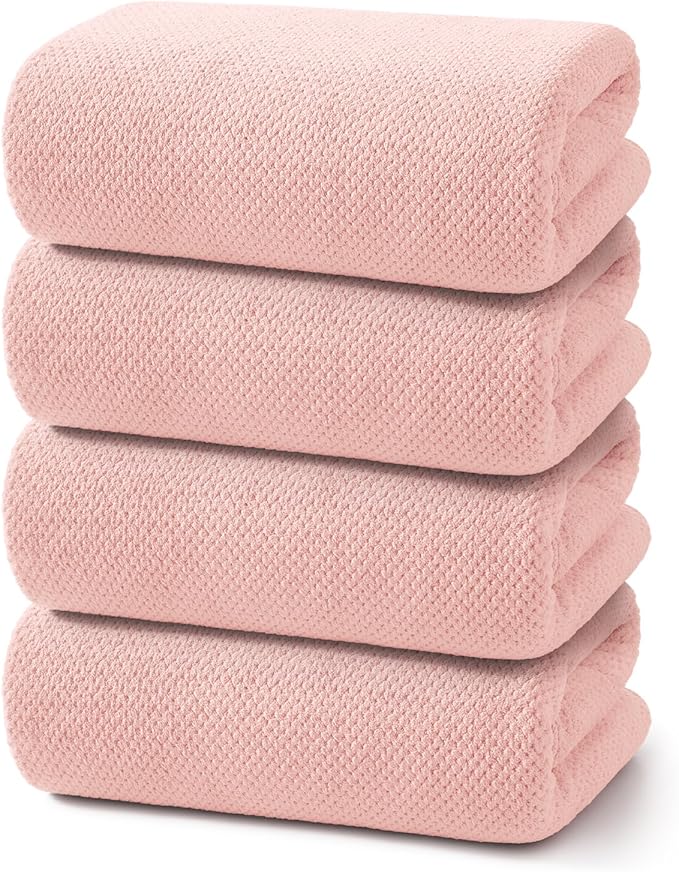 REDKISS 4 Pack Pink Bath Towels, 35 x 70 in Extra Large Coral Fleece Bath Towel Set, Super Soft Highly Absorbent Plush Bathroom Towels for Adults, Quick Dry Towel Set for Spa, Gym, Travel