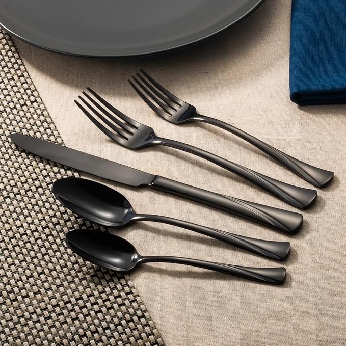 Alata Alice Black Mirror 45-Piece Silverware Set Stainless Steel Flatware Set,Service for 8,Mirror Polished Cutlery Set,Dishwasher Safe