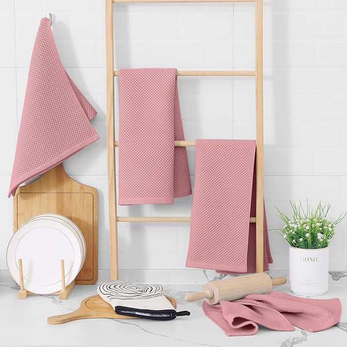 Homaxy 100% Cotton Waffle Weave Kitchen Dish Towels, Ultra Soft Absorbent Quick Drying Cleaning Towel, 13 x 28 Inches, 6-Pack, Dried Rose