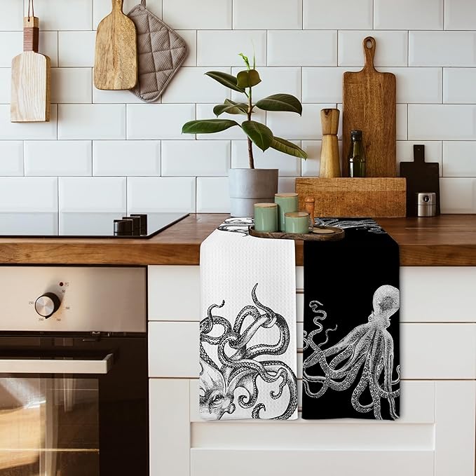 Coastal Octopus Decor Dish Hand Tea Towels for Bathroom Kitchen, Octopus Ocean Nautical Beachy Bathroom Decor, Black and White Coastal Nautical Kitchen Towels and Dishcloths Sets of 2,16x24In