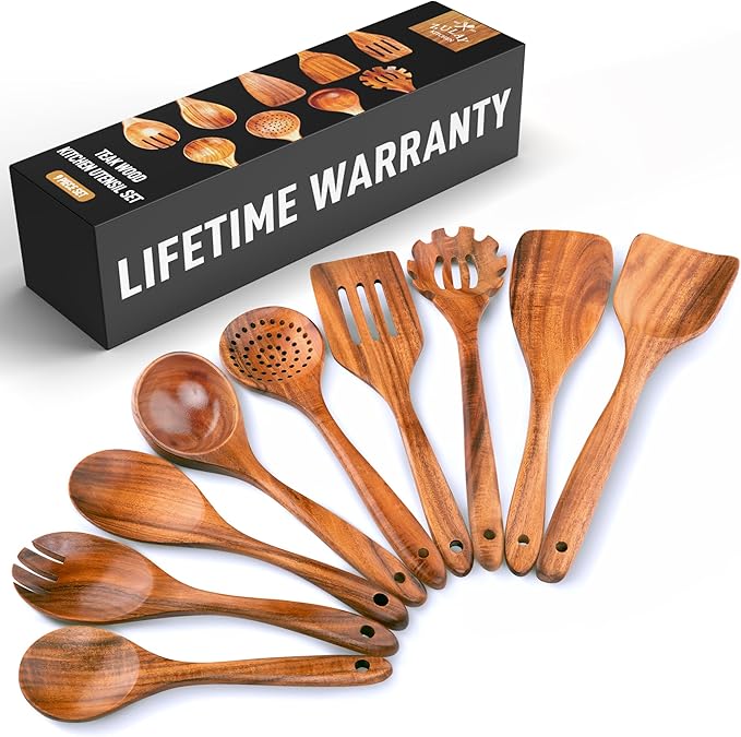 Zulay Kitchen 9-Piece Teak Wooden Utensils for Cooking - Smooth Finish Natural Teak Utensil Set - Non-Stick Wooden Spoons for Cooking - Kitchen Gift Set - Comfortable Grip Wooden Utensil Set