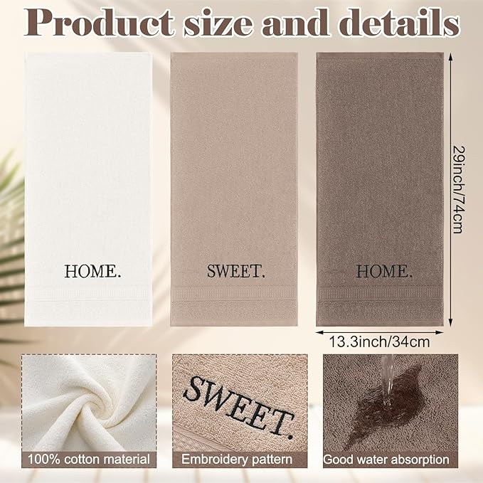 3 Pcs Farmhouse Decorative Hand Towels for Bathroom and Kitchen Rustic Embroidered 100% Cotton Hand Towels Decorative Set for Boho Bathroom Decor(Home Sweet Home)