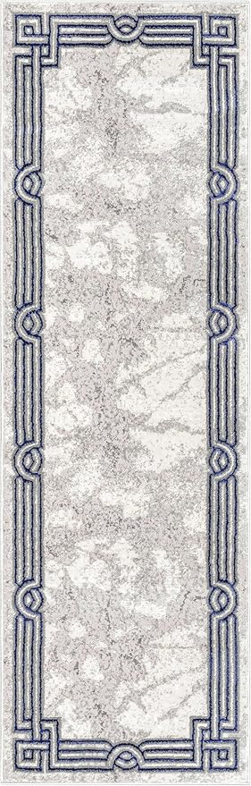 Well Woven Lezlee Abstract Modern 2'3" x 7'3" Runner Rug - Blue Marble Border - for Hallway, Entryway, Kitchen