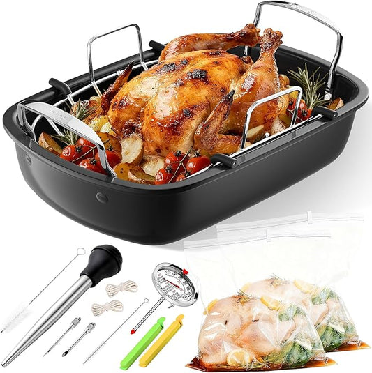 Roasting Pan, 17x13 Inch Nonstick Turkey Roaster with Removable Rack & Cooking Kit,Roaster Pan for Roasting Turkey, Meat & Vegetables (Silver)