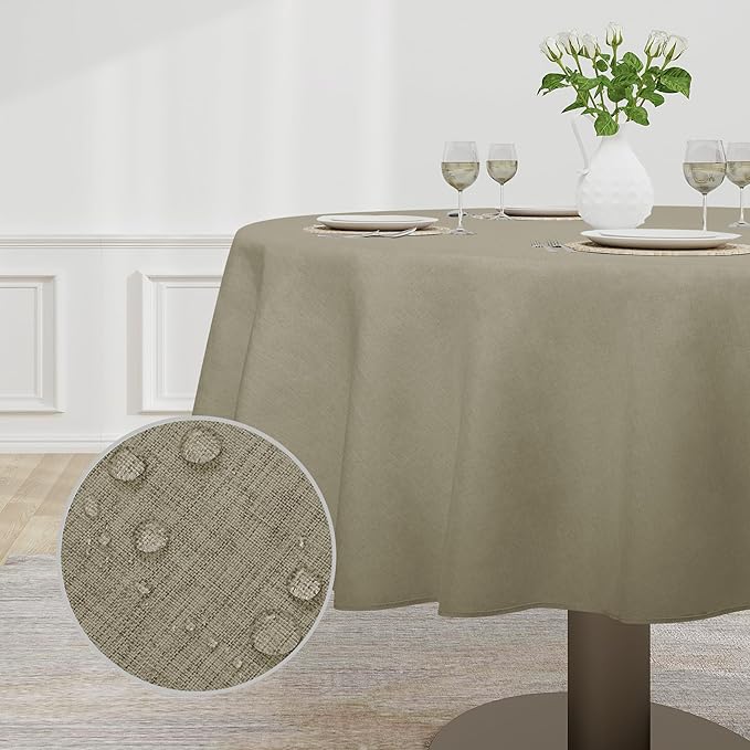 Easy-Going Faux Linen Waterproof Spill-Proof Tablecloth Stain Resistant Round Table Cloth Wrinkle Free Decorative Fabric for Kitchen, Dining, Party, Weddings, Restaurants (60 in-Round, Khaki)