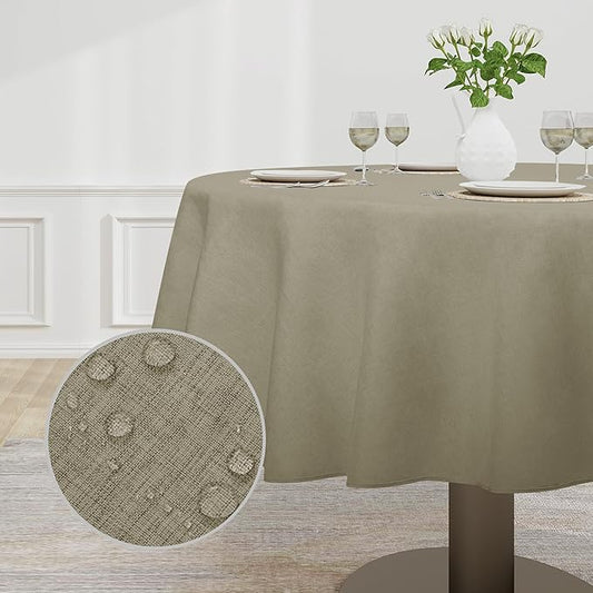 Easy-Going Faux Linen Waterproof Spill-Proof Tablecloth Stain Resistant Round Table Cloth Wrinkle Free Decorative Fabric for Kitchen, Dining, Party, Weddings, Restaurants (60 in-Round, Khaki)