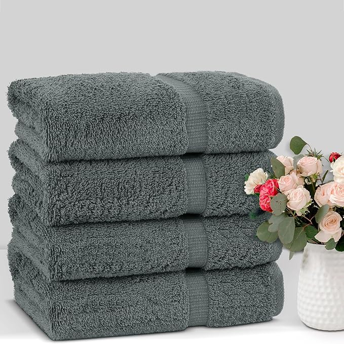 Chakir Turkish Linens 100% Cotton Premium Turkish Towels for Bathroom | 27'' x 54'' (4-Piece Bath Towels - Dark Gray)