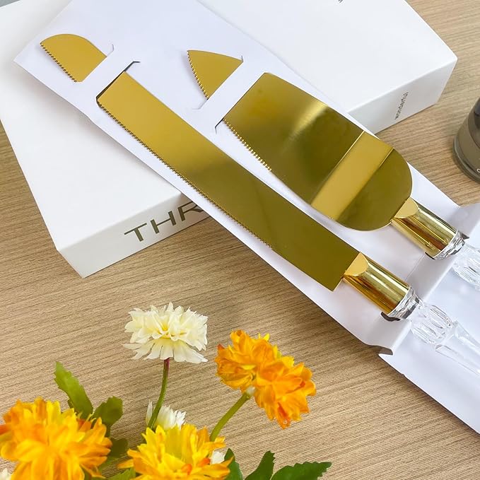 Adorox Elegant Cake Knife and Server Set - Stainless Steel with Crystal Handle - Perfect for Weddings & Anniversaries,and Special Celebrations (Gold)